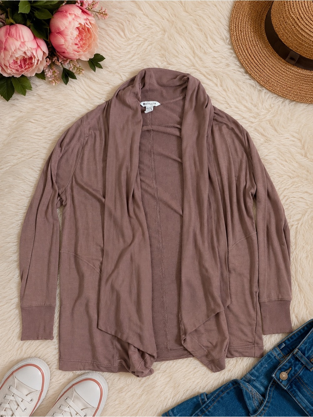 Athleta Open-Front Lightweight Cardigan in Mauve Taupe